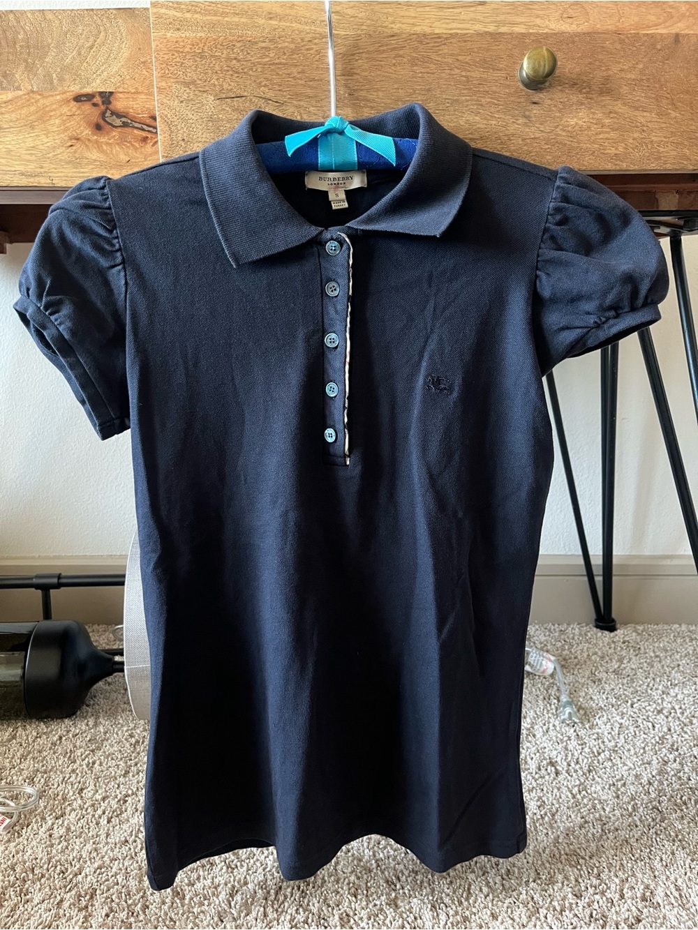 Authentic Burberry Buttoned Solid Navy Short Puff Sleeve Knit Polo Top Shirt